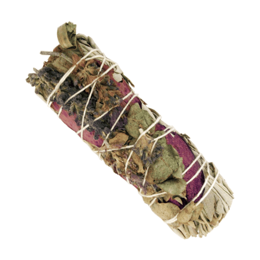 Atado de Salvia Blanca, Eucalipto, Lavanda y Pétalos de Rosa – 10 cm