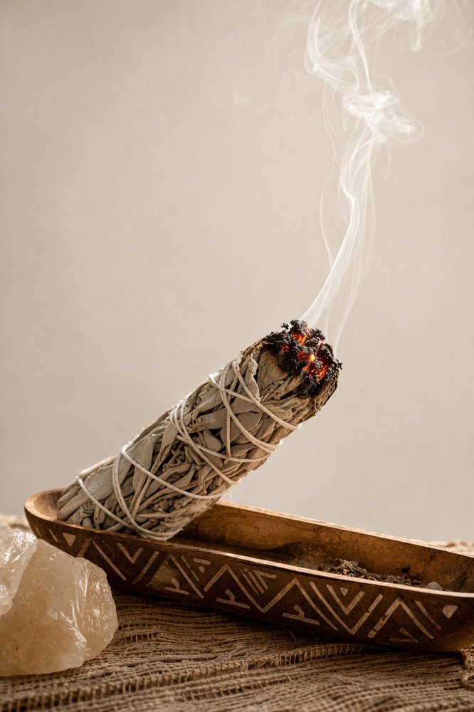 Sahumerio de salvia blanca encendido con humo natural — Pachamia
