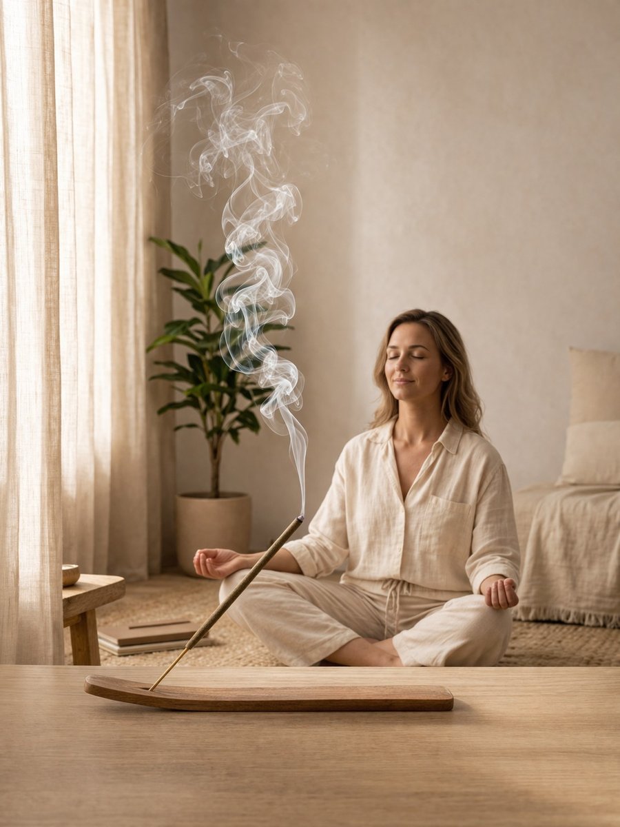 Mujer meditando con incienso Pachamia encendido