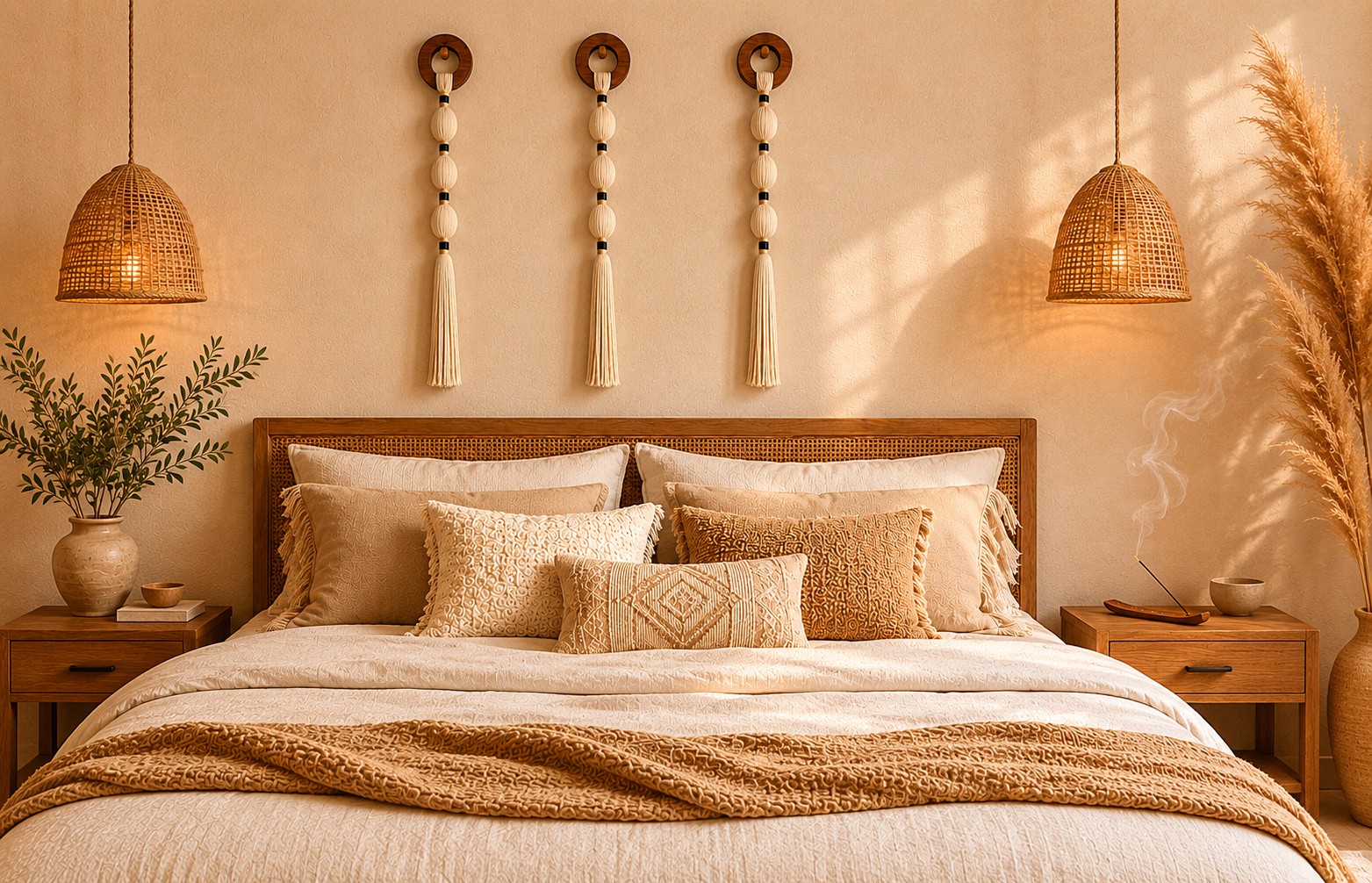Cuarto de hotel boho con incienso Pachamia